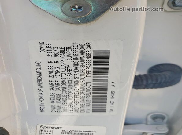 19UUB1F52LA004071 2020 ACURA TLX White Widok naklejki z numerem VIN