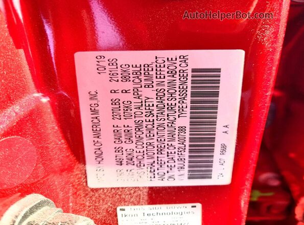19UUB1F52LA007388 2020 ACURA TLX Red VIN კოდის სტიკერის ხედი