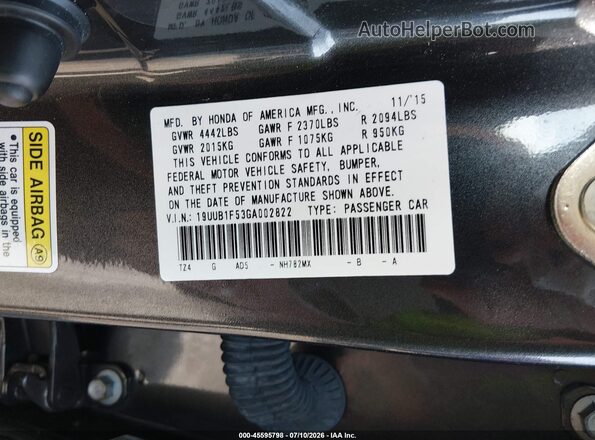 19UUB1F53GA002822 2016 ACURA TLX Black Vista del compartimento del motor