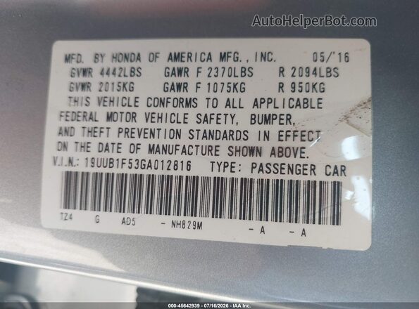 19UUB1F53GA012816 2016 ACURA TLX Silver Շարժիչի բաժամունքի տեսք