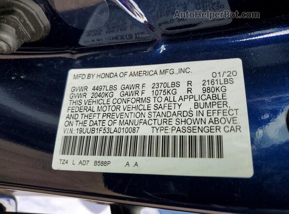 19UUB1F53LA010087 2020 ACURA TLX Blue Вид наклейки з VIN-кодом