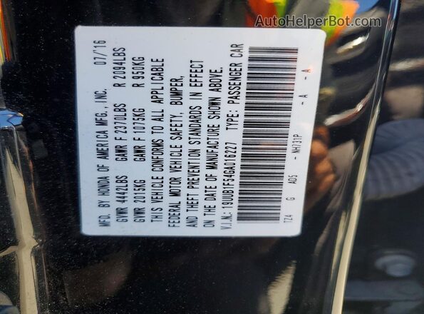 19UUB1F54GA016227 2016 ACURA TLX Black Вид наклейки з VIN-кодом