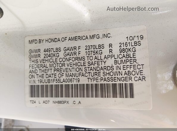 19UUB1F55LA006719 2020 ACURA TLX White Вид підкапотного простору