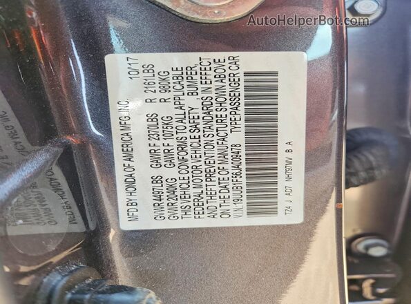 19UUB1F56JA009478 2018 ACURA TLX Серый Вид наклейки с VIN-кодом