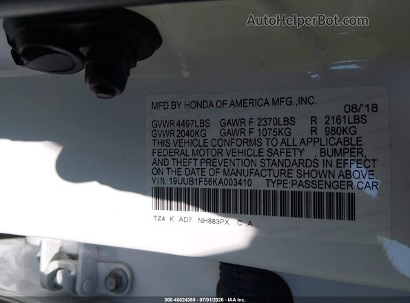 19UUB1F56KA003410 2019 ACURA TLX White Vista del compartimento del motor