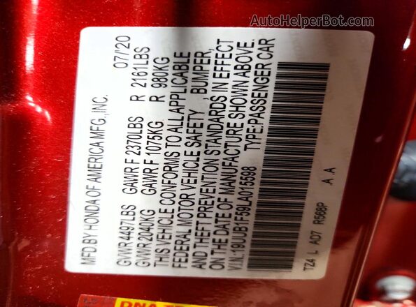 19UUB1F59LA015598 2020 ACURA TLX Red Շարժիչի բաժամունքի տեսք