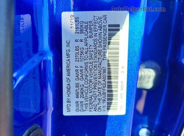 19UUB1F62LA007867 2020 ACURA TLX Blue Շարժիչի բաժամունքի տեսք