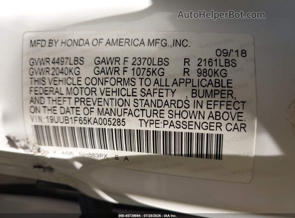 19UUB1F65KA005285 2019 ACURA TLX White ძრავის განყოფილების ხედი