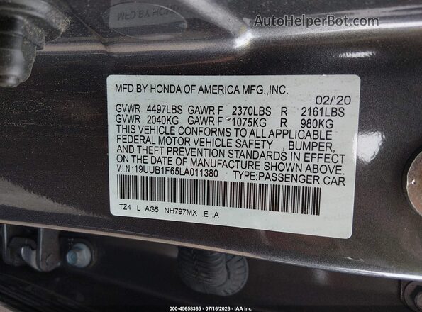 19UUB1F65LA011380 2020 ACURA TLX Gray ძრავის განყოფილების ხედი
