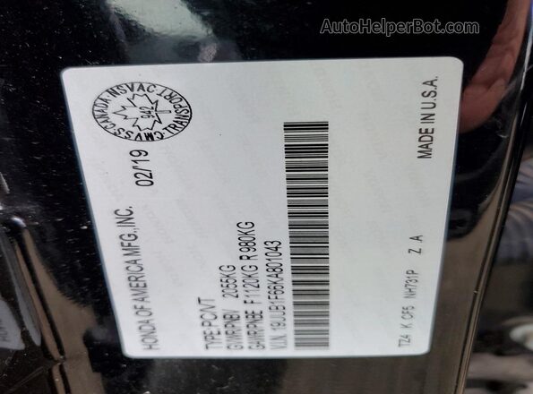 19UUB1F66KA801043 2019 ACURA TLX Black VIN կոդի պիտակի տեսք