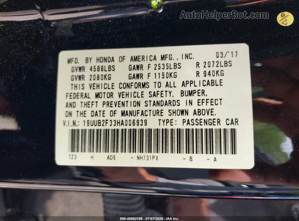 19UUB2F33HA006939 2017 ACURA TLX Black Вид підкапотного простору