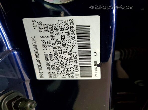 19UUB2F34KA009338 2019 ACURA TLX Blue Vista de la etiqueta del VIN