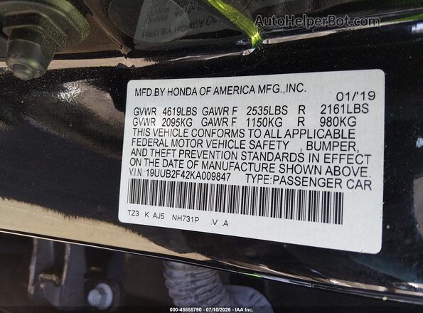 19UUB2F42KA009847 2019 ACURA TLX Black Vista del compartimento del motor