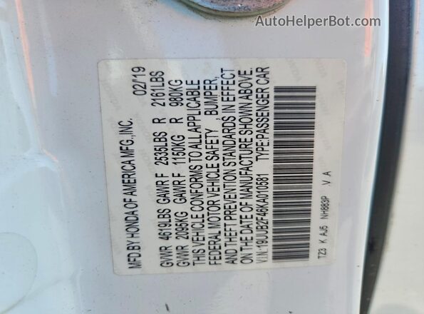 19UUB2F46KA010581 2019 ACURA TLX White ძრავის განყოფილების ხედი
