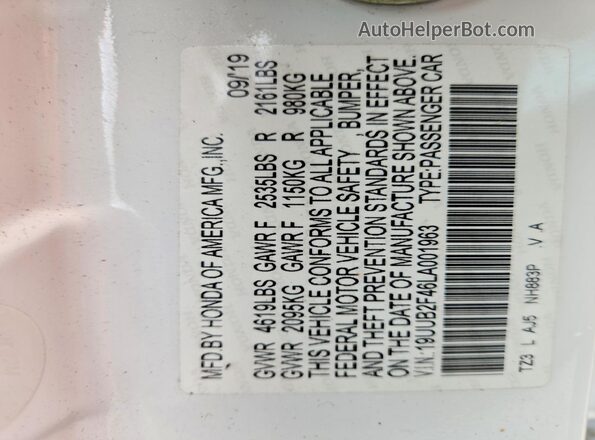 19UUB2F46LA001963 2020 ACURA TLX White Շարժիչի բաժամունքի տեսք