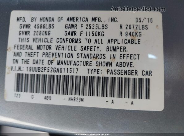 19UUB2F52GA011517 2016 ACURA TLX Silver ძრავის განყოფილების ხედი