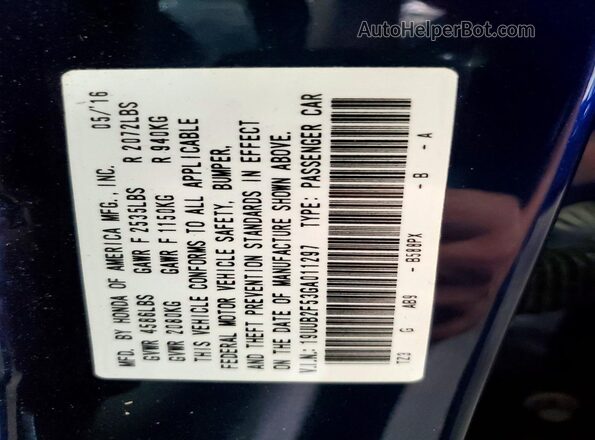 19UUB2F53GA011297 2016 ACURA TLX Blue VIN sticker view
