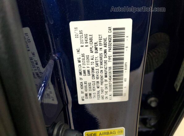 19UUB2F54GA006786 2016 ACURA TLX Blue Vista del compartimento del motor