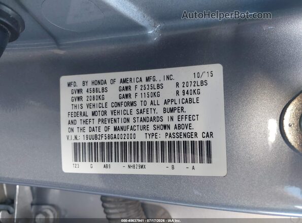 19UUB2F58GA002000 2016 ACURA TLX Серебряный Вид подкапотного пространства