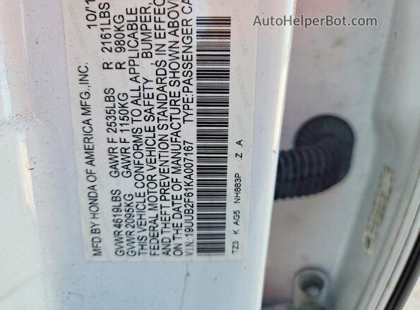 19UUB2F61KA007167 2019 ACURA TLX White Widok naklejki z numerem VIN
