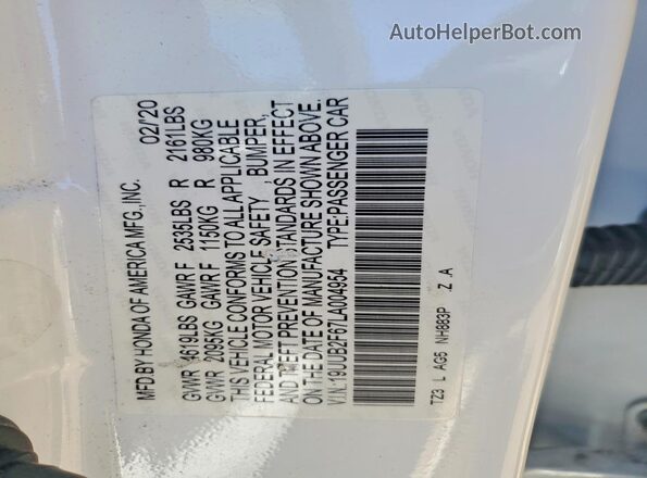 19UUB2F67LA004954 2020 ACURA TLX White Vista del compartimento del motor