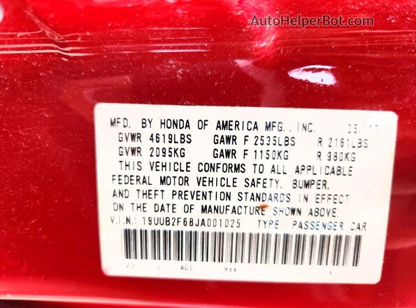 19UUB2F68JA001025 2018 ACURA TLX Red Vista del compartimento del motor