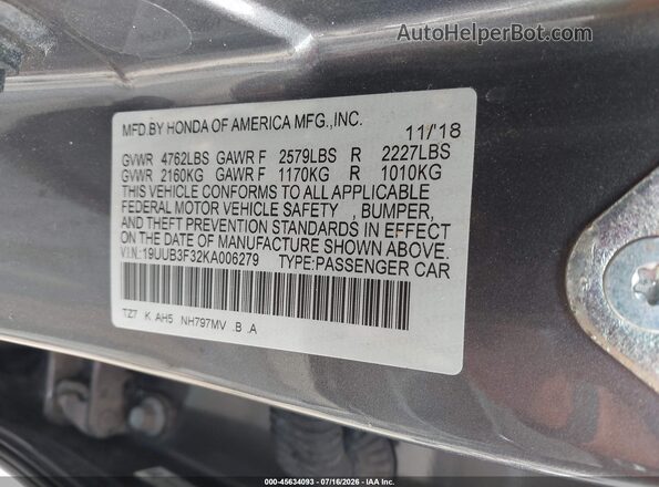 19UUB3F32KA006279 2019 ACURA TLX Gray ძრავის განყოფილების ხედი
