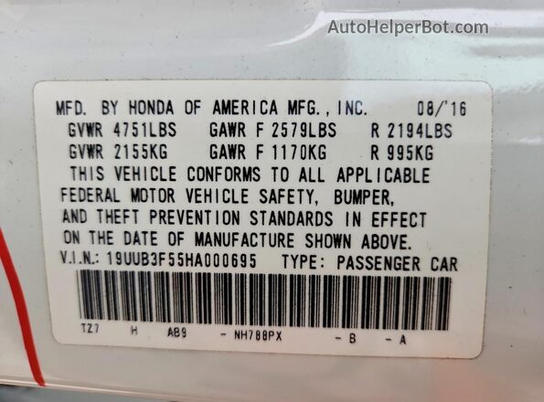 19UUB3F55HA000695 2017 ACURA TLX White VIN կոդի պիտակի տեսք