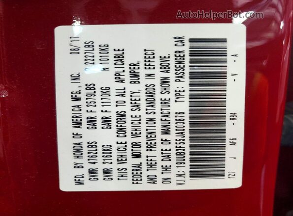 19UUB3F55JA003876 2018 ACURA TLX Red Engine compartment view