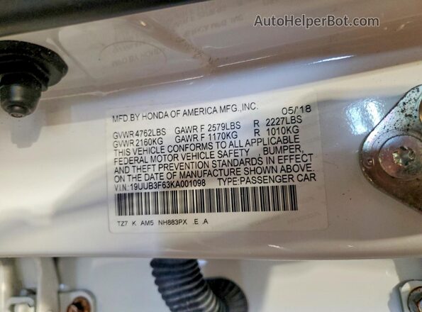 19UUB3F63KA001098 2019 ACURA TLX White Շարժիչի բաժամունքի տեսք