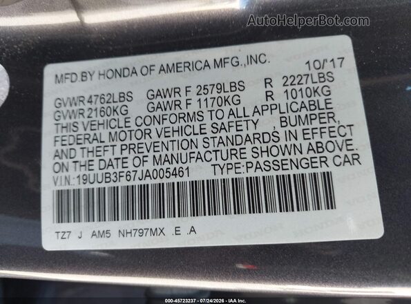19UUB3F67JA005461 2018 ACURA TLX Gray Engine compartment view