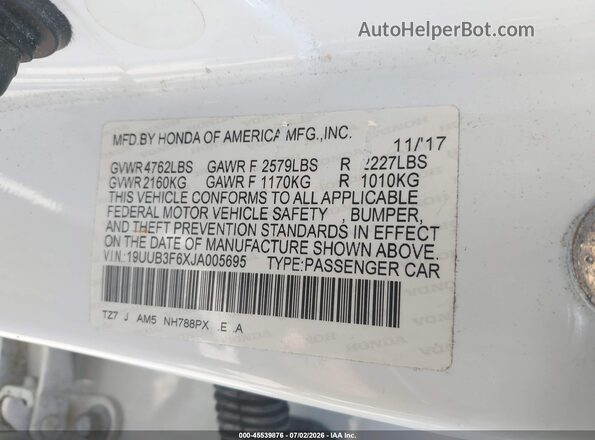 19UUB3F6XJA005695 2018 ACURA TLX White Շարժիչի բաժամունքի տեսք