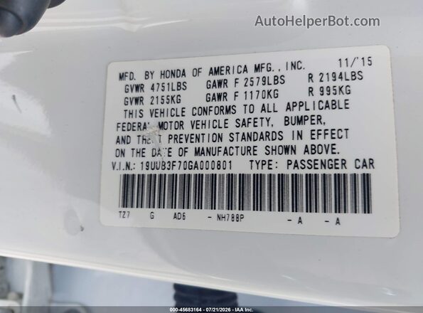 19UUB3F70GA000801 2016 ACURA TLX White Vista del compartimento del motor