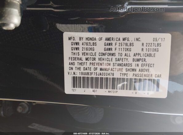 19UUB3F75JA000476 2018 ACURA TLX Black Вид підкапотного простору