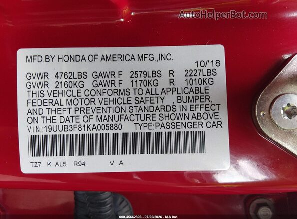 19UUB3F81KA005880 2019 ACURA TLX Red ძრავის განყოფილების ხედი