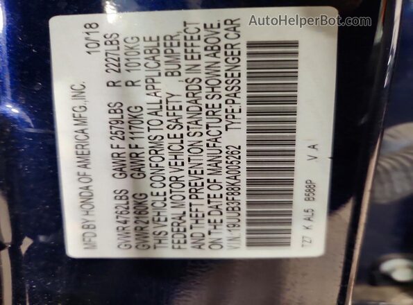 19UUB3F88KA005262 2019 ACURA TLX Blue Շարժիչի բաժամունքի տեսք
