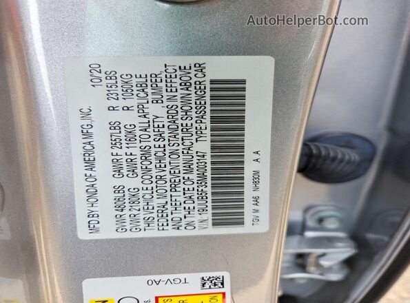 19UUB5F35MA003147 2021 ACURA TLX Silver Engine compartment view