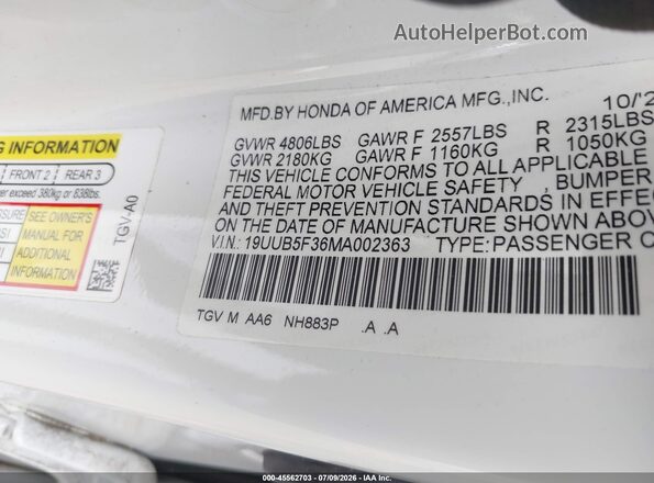 19UUB5F36MA002363 2021 ACURA TLX White Вид підкапотного простору