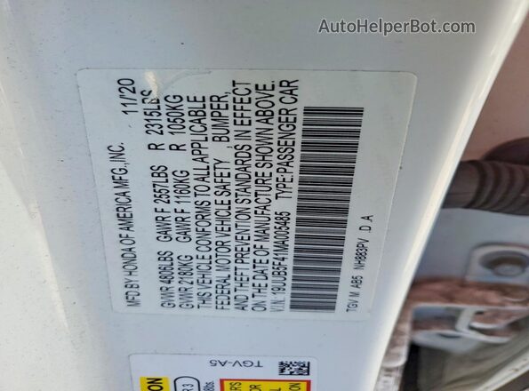 19UUB5F41MA005485 2021 ACURA TLX White Engine compartment view