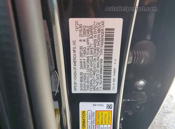 19UUB5F48MA007458 2021 ACURA TLX Black VIN կոդի պիտակի տեսք