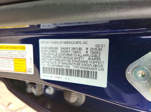 19UUB5F48MA011932 2021 ACURA TLX Blue Vista del compartimento del motor
