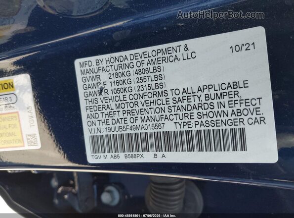 19UUB5F49MA015567 2021 ACURA TLX Blue Вид підкапотного простору