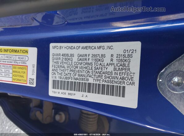 19UUB5F51MA008539 2021 ACURA TLX Blue Vista del compartimento del motor