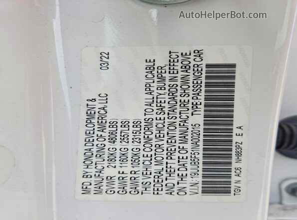 19UUB5F51NA002015 2022 ACURA TLX White Vista del compartimento del motor