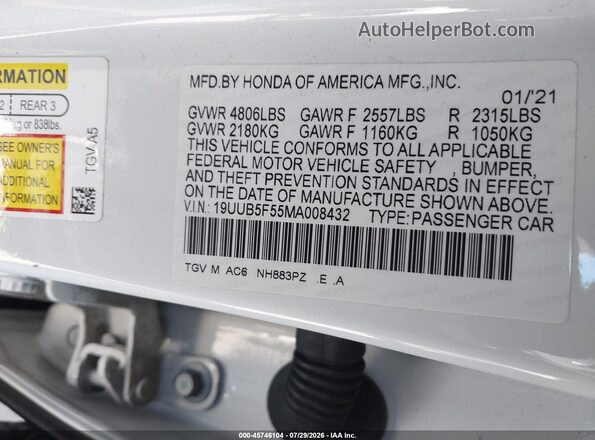 19UUB5F55MA008432 2021 ACURA TLX White Widok komory silnika
