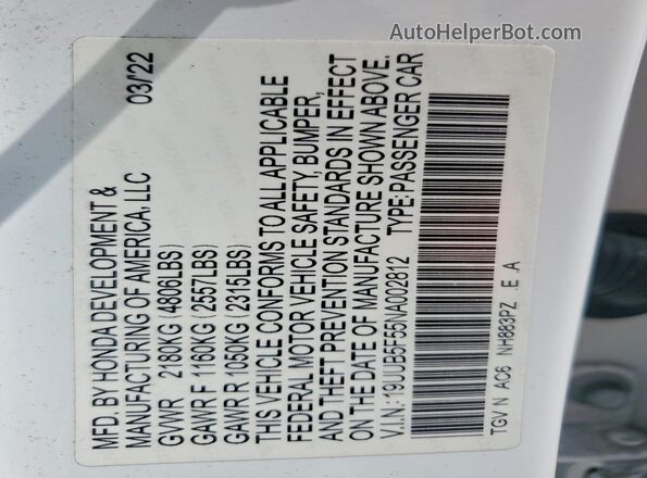 19UUB5F55NA002812 2022 ACURA TLX White Widok naklejki z numerem VIN