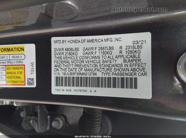 19UUB5F56MA013784 2021 ACURA TLX Pewter Widok komory silnika