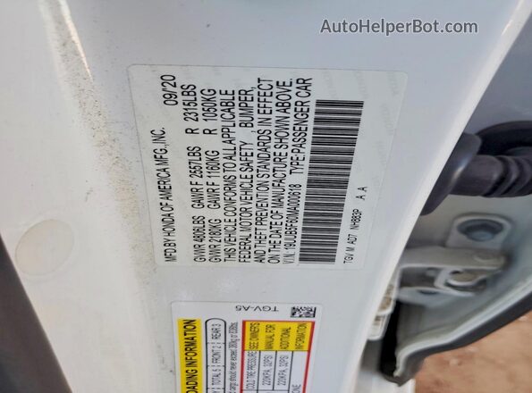 19UUB5F60MA000618 2021 ACURA TLX White VIN կոդի պիտակի տեսք