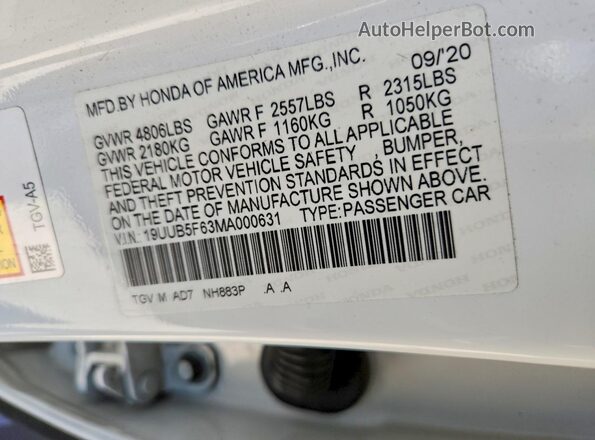 19UUB5F63MA000631 2021 ACURA TLX White Widok komory silnika