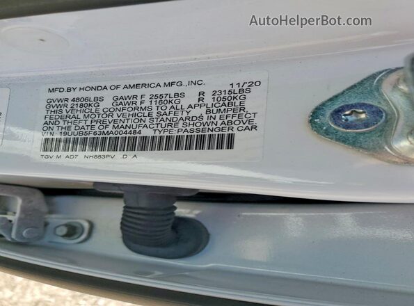 19UUB5F63MA004484 2021 ACURA TLX White ძრავის განყოფილების ხედი